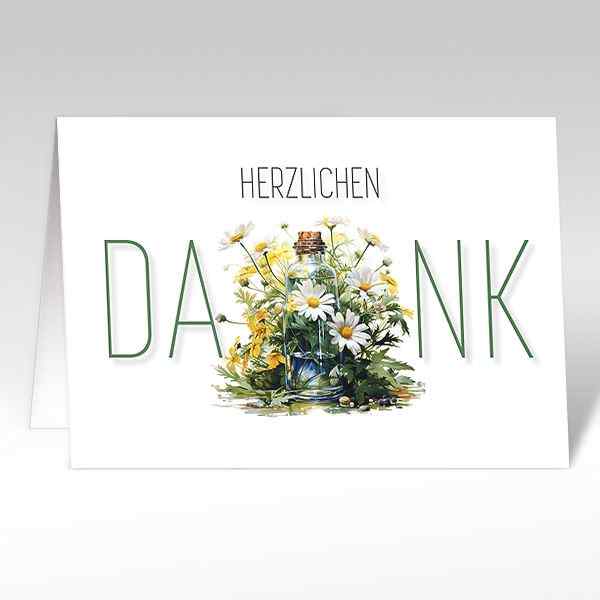 Dankeskarte mit Naturblumen, Margeriten und Glasflasche