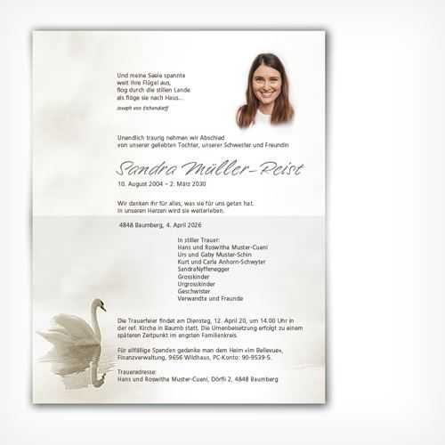 Trauerkarte/Leidzirkular Schwan offen