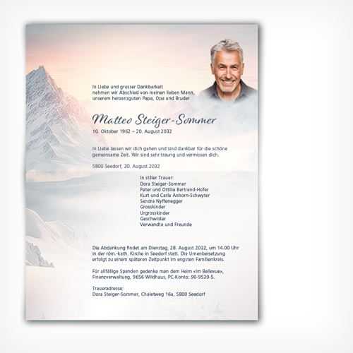 Trauerkarte/Leidzirkular Berg-Abendrot offen